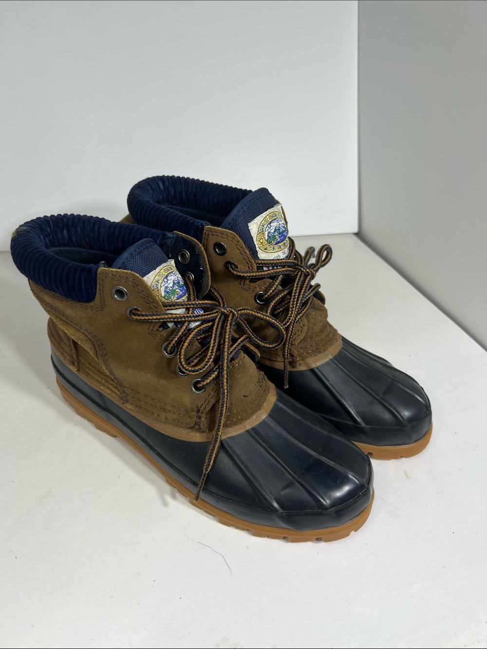 Rocky Brown and Black Duck Boots with Navy Collar
